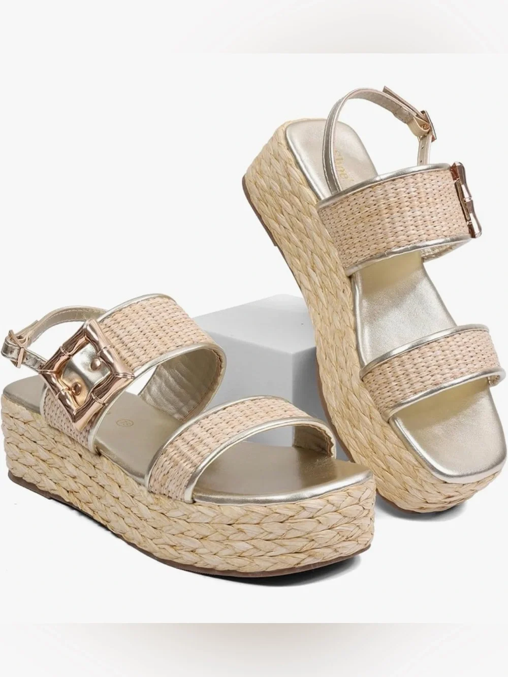 NEW Shoe'N Tale Women’s Platform Sandals Raffia Woven Espadrille Open Toe Sz 7.5